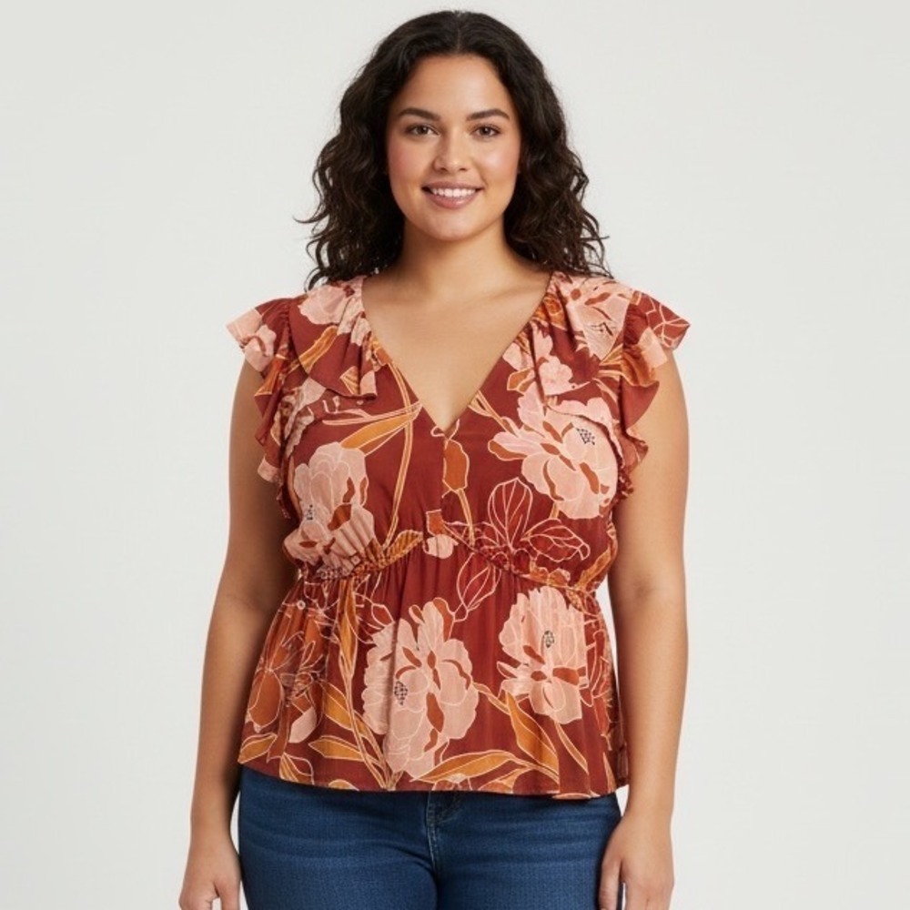 DR2 by Daniel Rainn Floral Ruffle Peplum‎ Blouse Terracotta Large